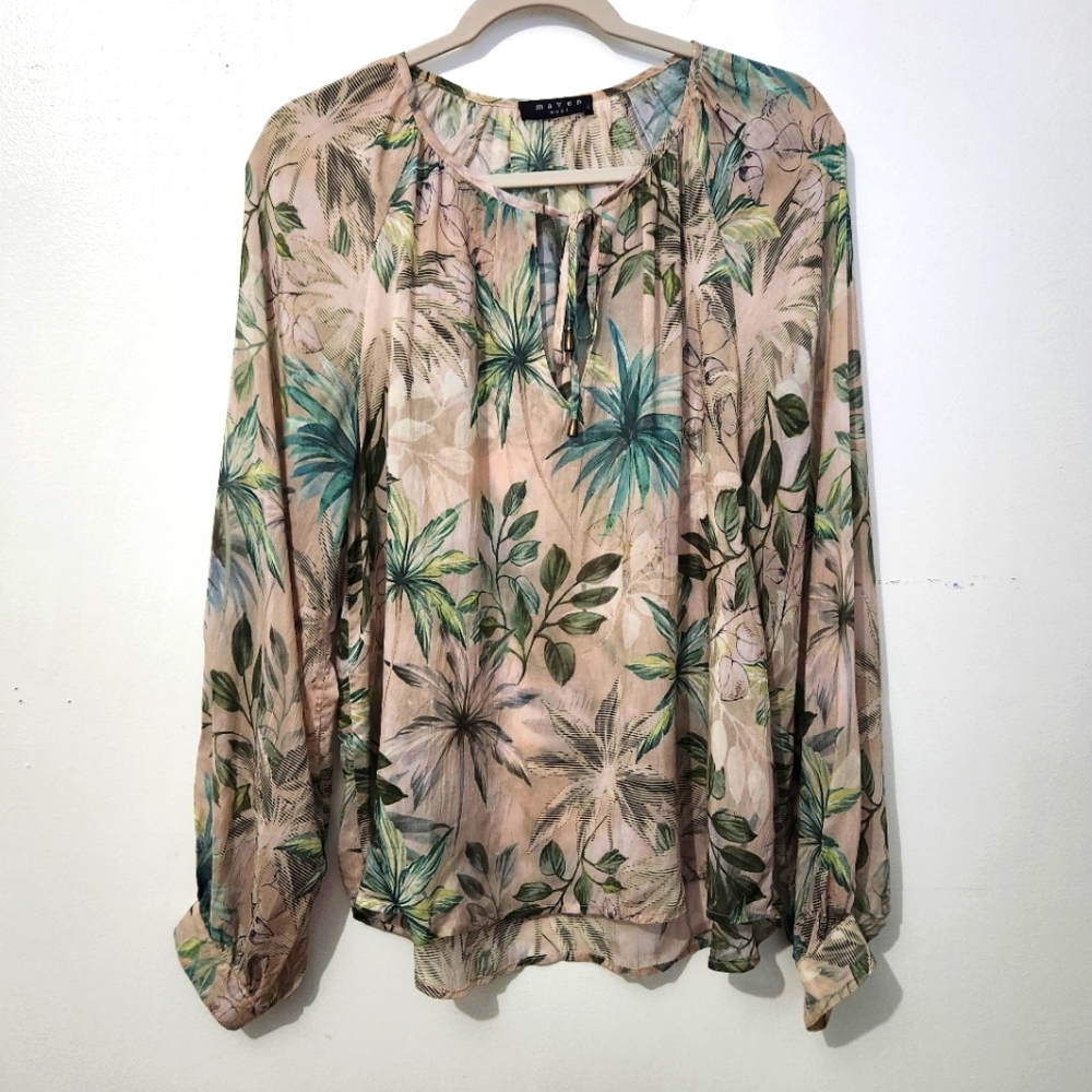 Maven West Sheer Blouse Large Tropical Leaves Tan Green Summer Beach  Vacation